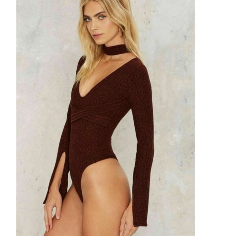 Lavish Alice Split Your Sides Brown Textured Knit Bodysuit Size Medium